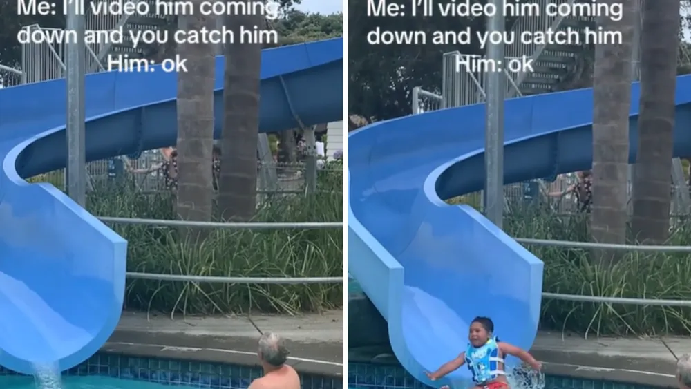 New Zealand Grandpa's Waterslide Fail Sparks Viral Laughter