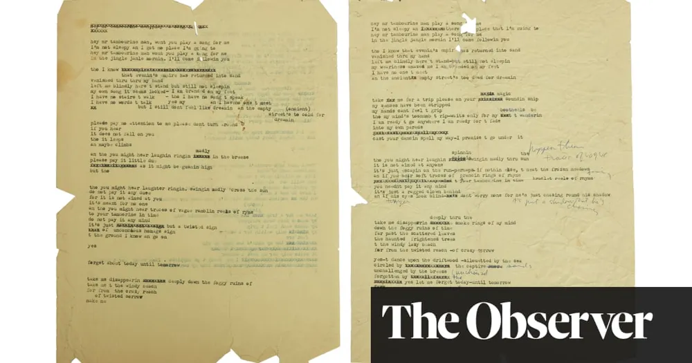 Rare Bob Dylan Memorabilia, Including 'Mr. Tambourine Man' Lyrics, Set for Auction