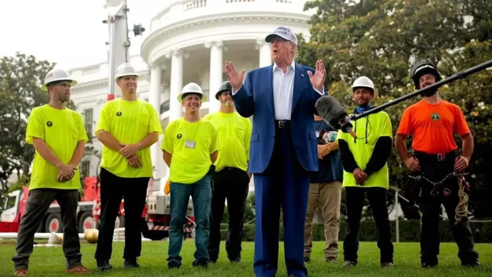 Trump's Awkward Question to Construction Workers During White House Flagpole Installation